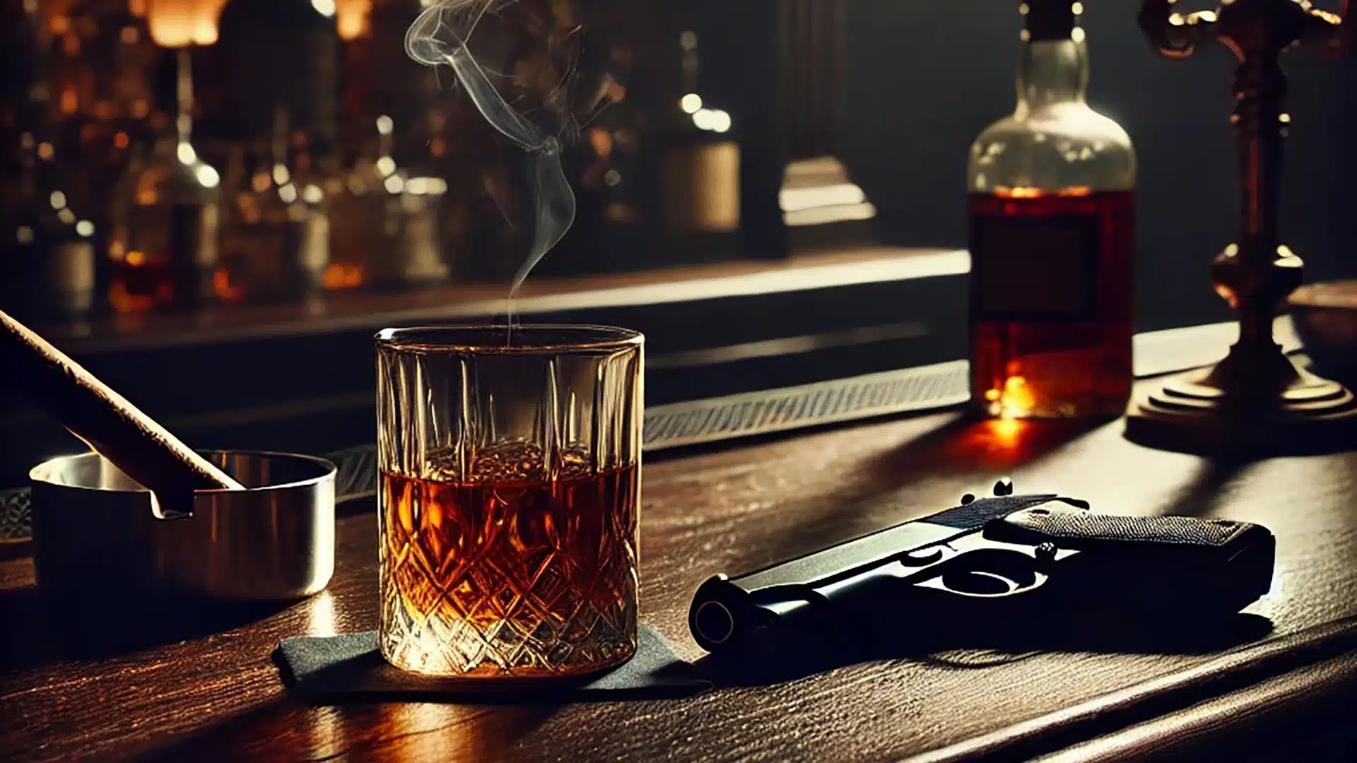 Smokey bar with whiskey, pistol, and cigar